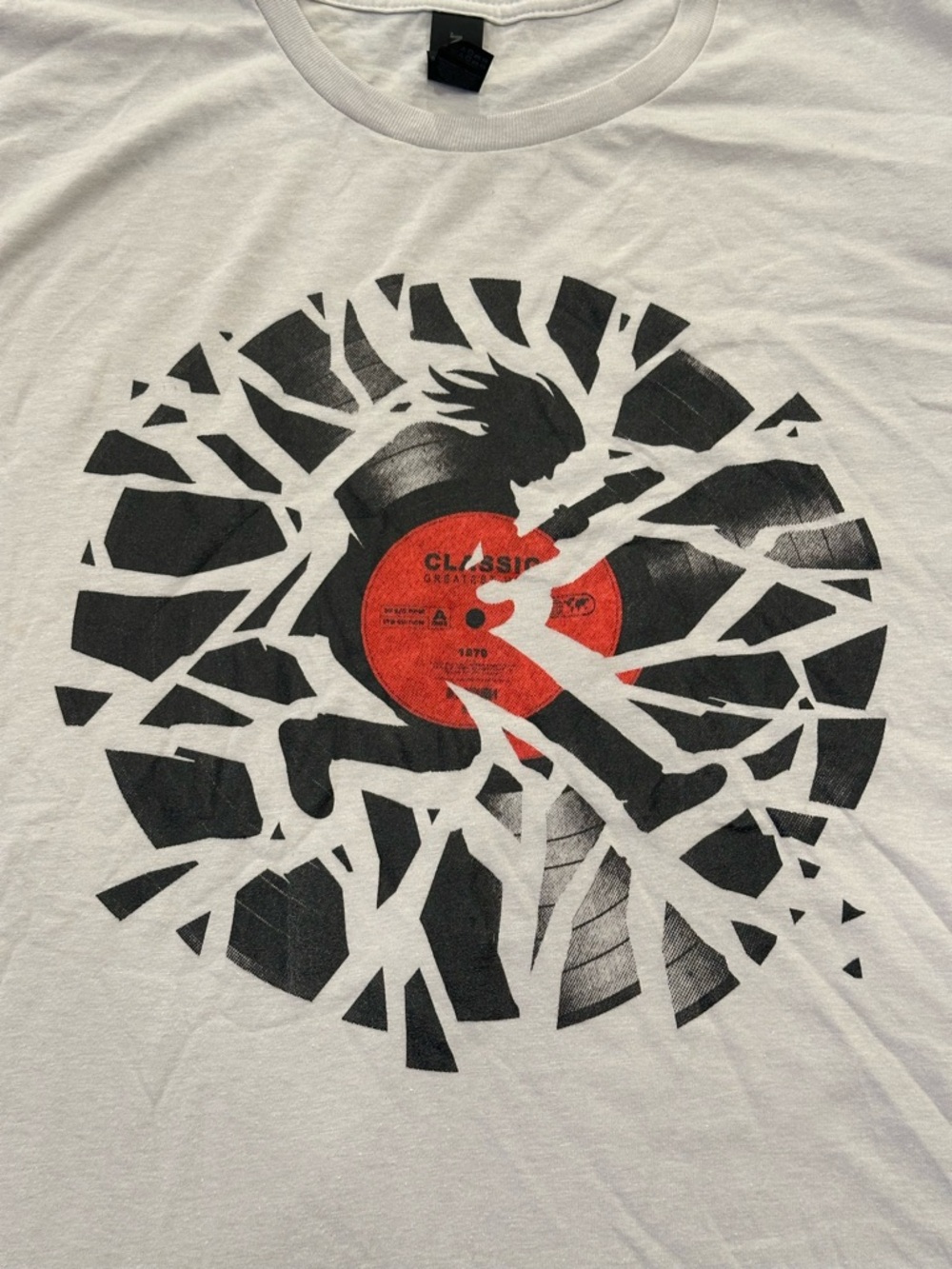 Gildan White Tee with Black & Red Shattered Record Graphic